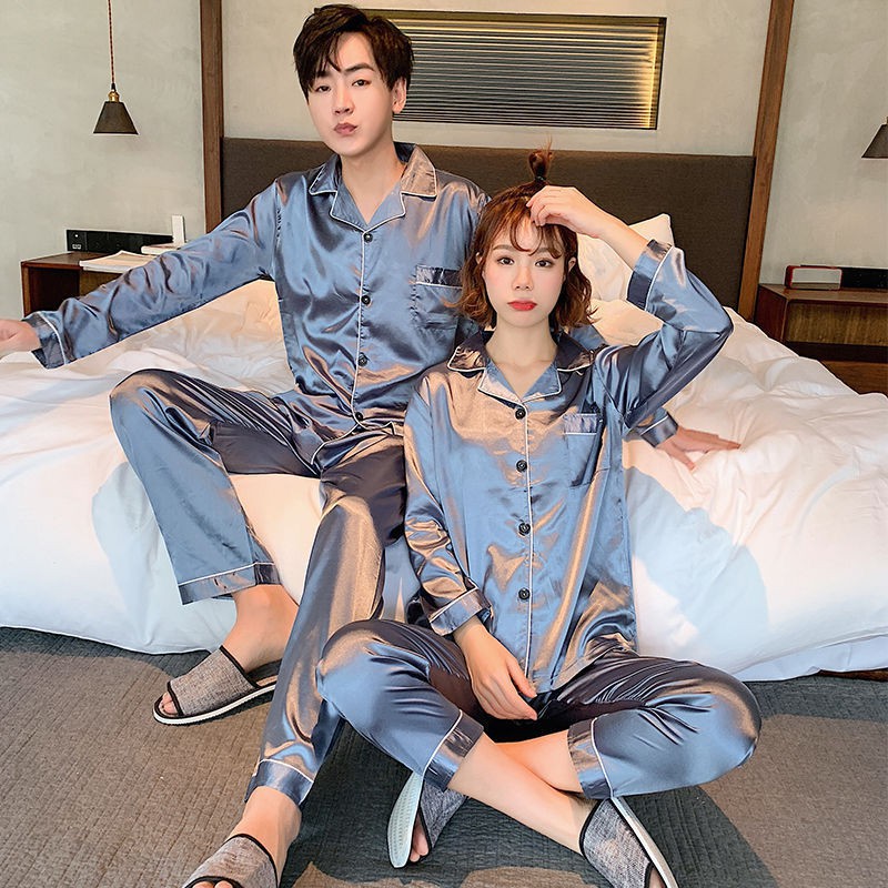 Đồ ngủ & Đồ mặc nhà┅♧Cặp đôi pyjama nữ mùa xuân và thu băng lụa cỡ lớn phục vụ nam giới ở nhà dài tay hè mỏng t