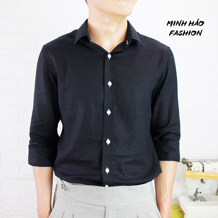 Áo Sơ Mi Nam Màu Đen Minh Hảo Fashion Tay Dài Cổ Bẻ, Hàng Thiết Kế Form Đẹp
