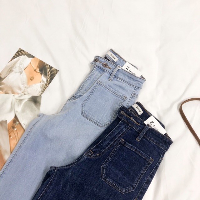 Jeans ống rộng túi trước gấu cắt Quần jean nữ ống rộng cạp cao cá tính J430