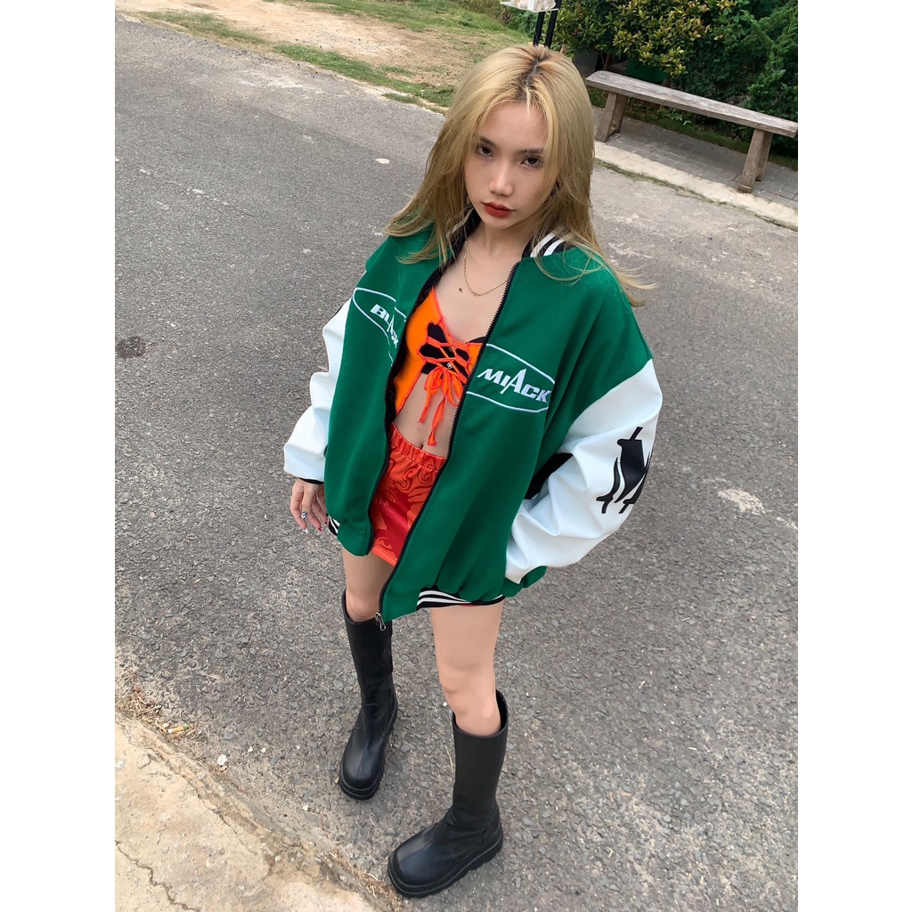 Áo Khoác Bomber Varsity Kaki, tay Da, Full Thêu màu Xanh Lá BLACKMIACK Varsity Jacket BM1