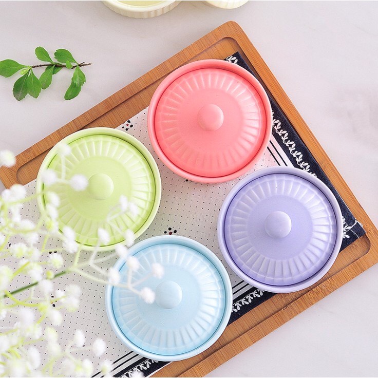 Bát sứ ăn dặm ramenkin có vân kèm nắp đậy 200ml cho bé, tô chén gốm sứ ăn cơm cho trẻ em SAMI KIDS