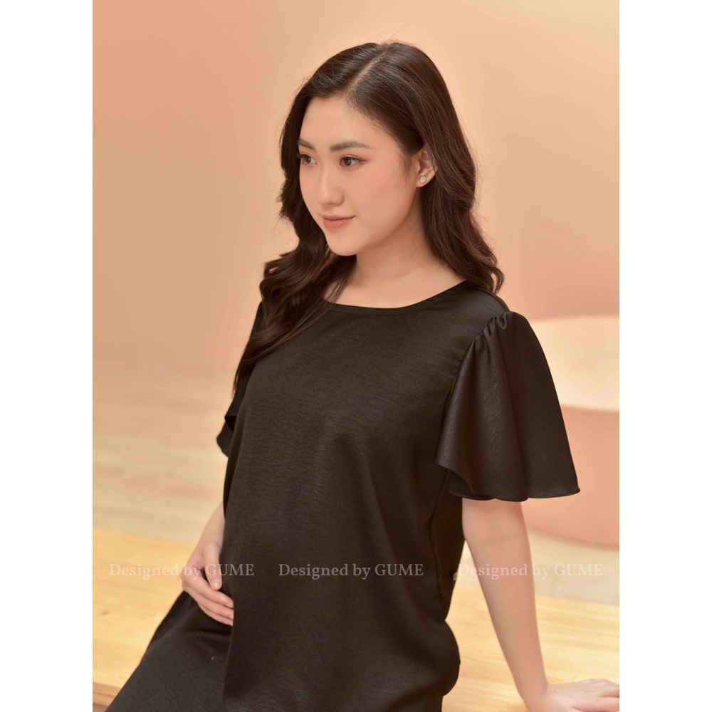Váy Bầu Công Sở - Đầm Bầu GUME 2 màu đen,xanh nõn chuối dáng suông phối tay chuông ,lơ lưng chất vải tằm hàn GM024