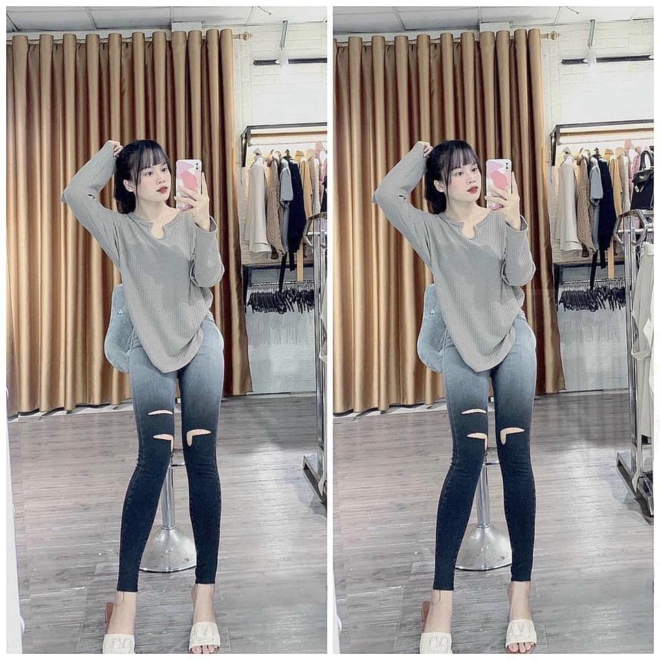 Quần jeans ôm loang đen rách gối co giãn lưng cao . MET SHOP