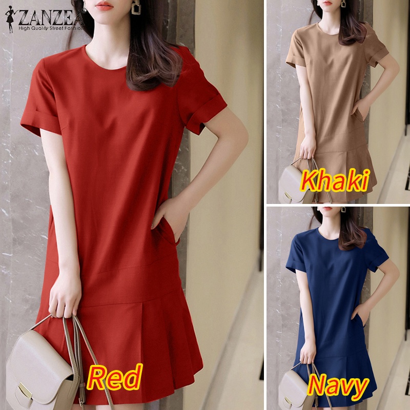 Zanzea Đầm Dài Tay Ngắn Cổ Tròn Phong Cách Thời Trang Đường Phố Dành Cho Nữ