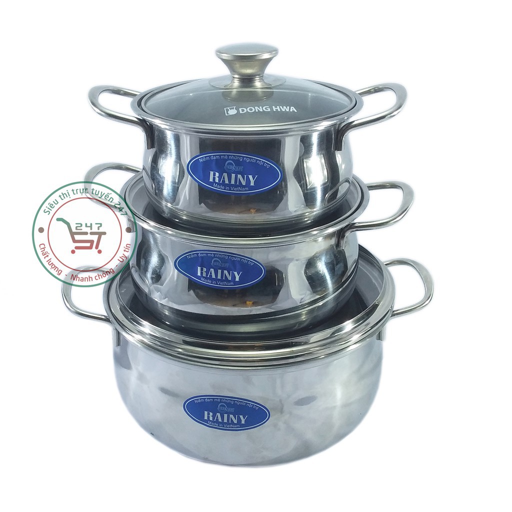 Bộ nồi inox 3 cái thân bầu nắp thủy tinh Rainy RN06THANBAU bền đẹp sáng bóng