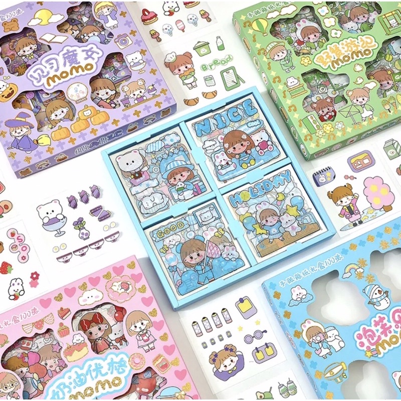 Hộp 100 tờ hình dán hoạt hình 4 màu - có tách set 25/50 tờ