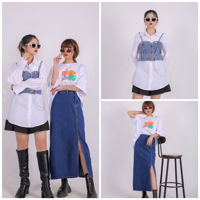 Set áo sơ mi kèm hai dây jeans chân váy jeans dài xẻ áo phông oversize