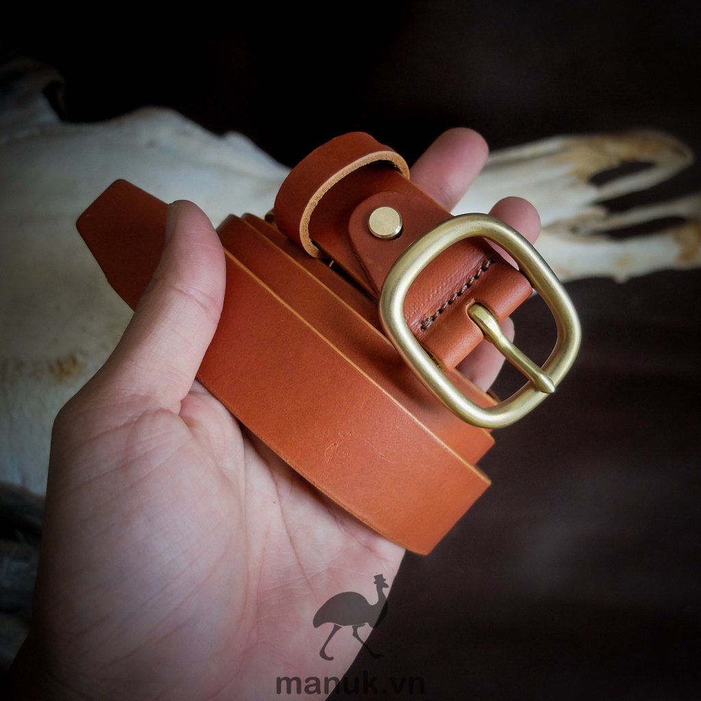 Thắt lưng da bò bảng nhỏ 3.0 cm - da bò Vachetta Ý - Handmade Khoá đồng đúc Manuk BF2 nâu bò