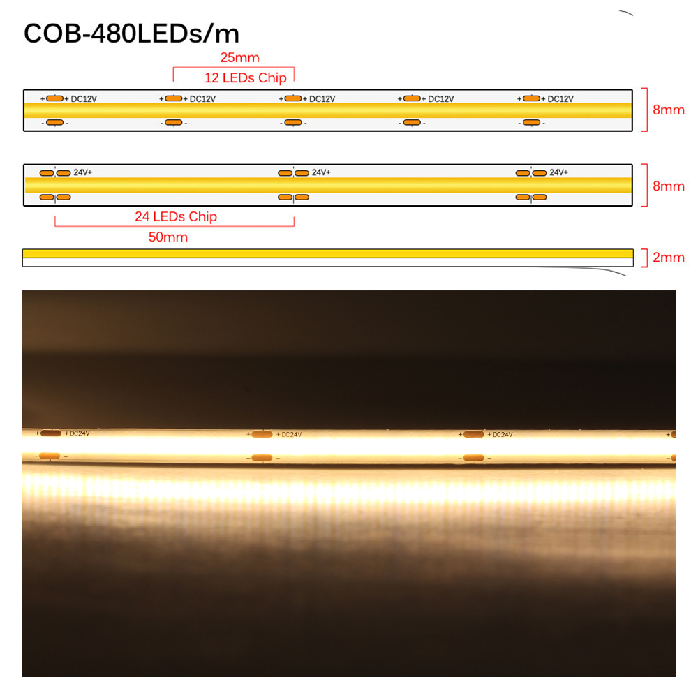 Đèn LED mới COB Linh hoạt Dải ánh sáng linh hoạt Độ sáng cao RGB Đèn neon Dc12V 24V 1M / 2M / 3M / 5M Phòng khách Dải đèn trang trí 480LEDs 3528
