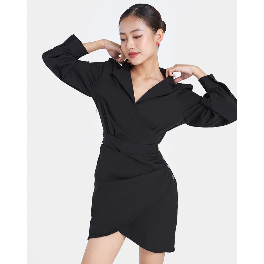Đầm Mini Thời Trang JUNO Tay Dài, Đắp Chéo Xếp Ly JNDNG009