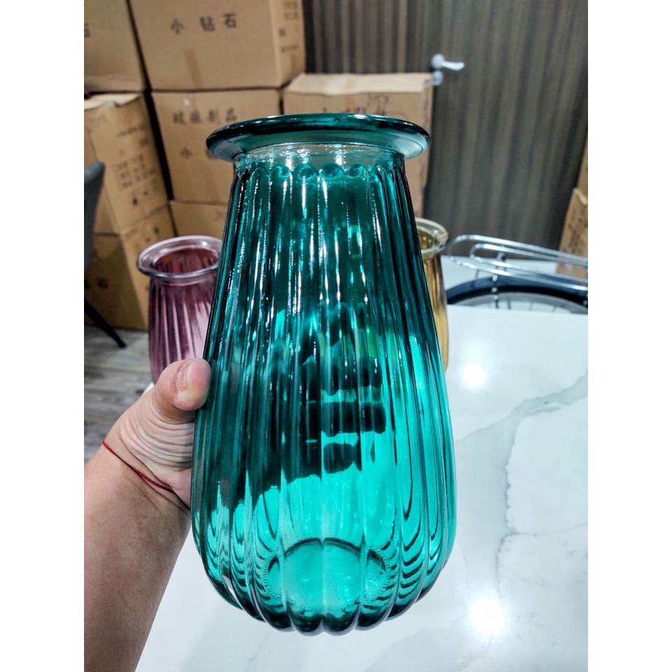 Lọ hoa thuỷ tinh đa giác tặng kèm nơ bình hoa cao cấp cổ nhỏ