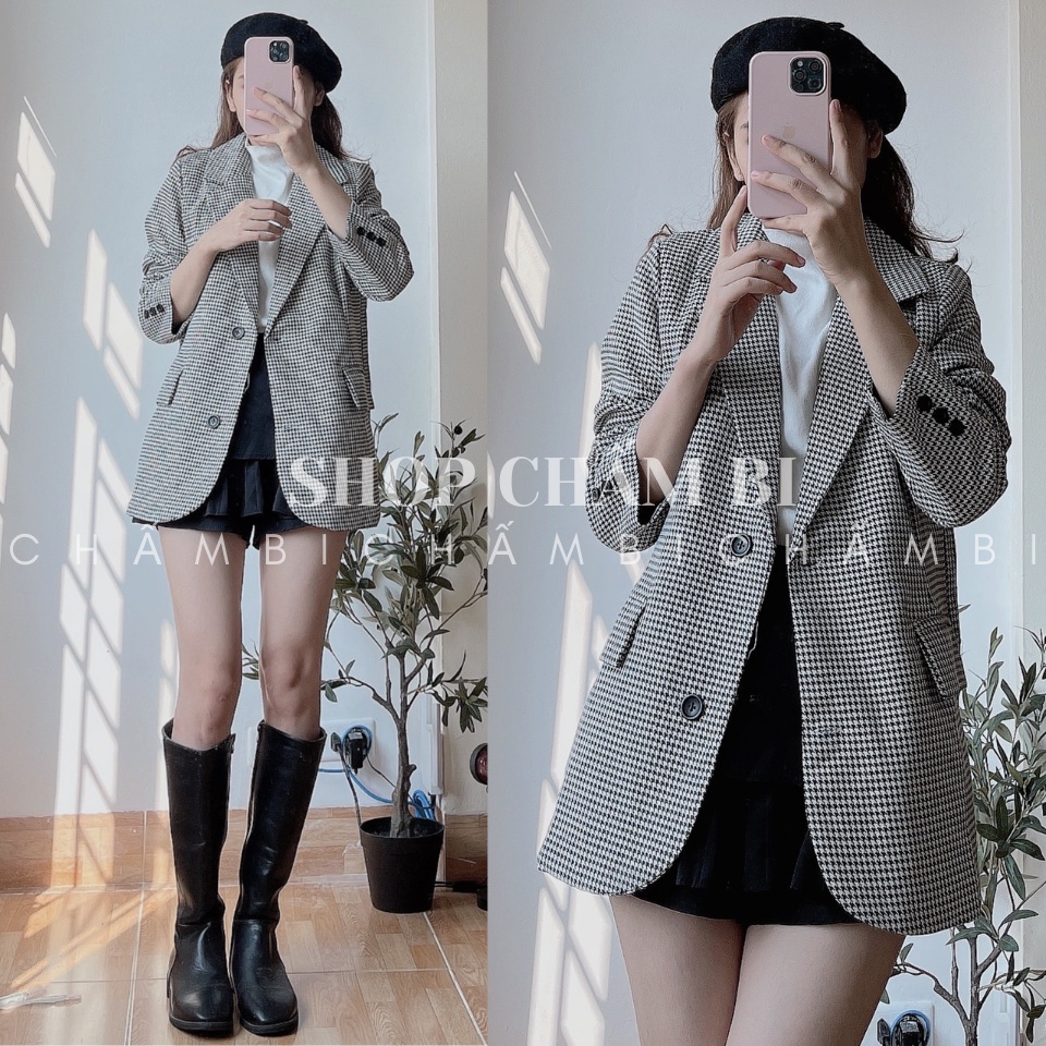 Áo blazer kẻ 2 lớp A.270, Áo khoác vest vải dạ kẻ đen trắng 2 cúc thân 3 cúc tay chanh xả - HÀNG MỚI VỀ