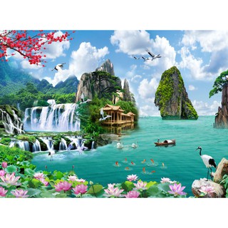 Tranh dán tường 3D thác nước sơn thủy - phong cảnh đẹp - vải lụa kim tuyến- kích thước theo yêu cầu