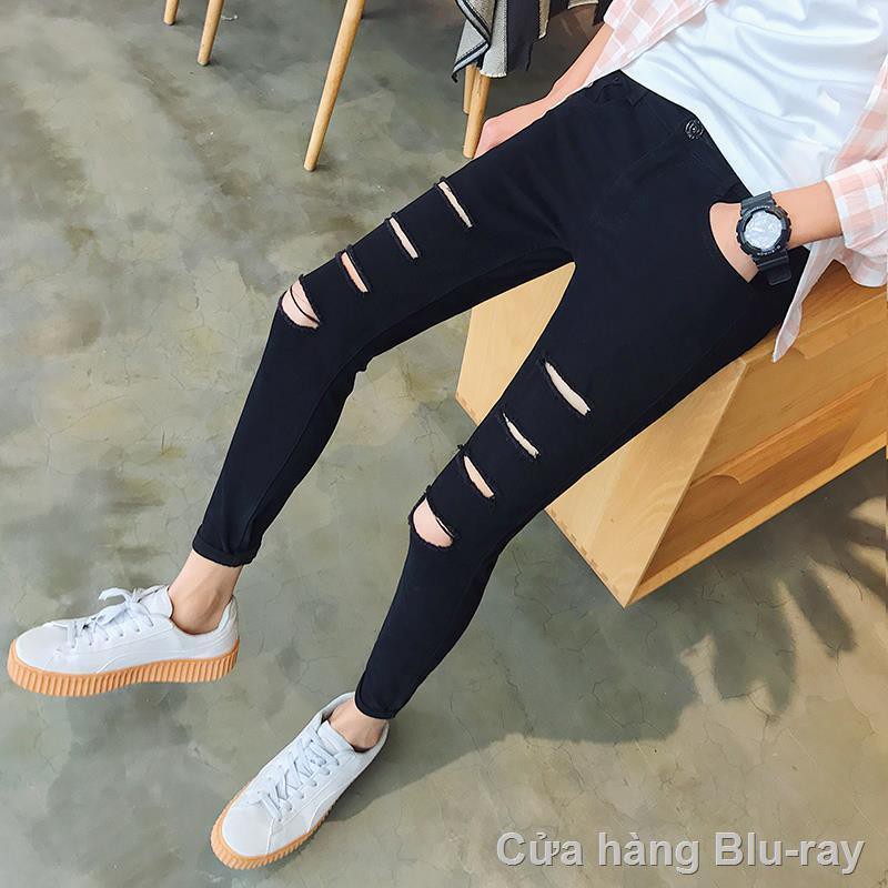 Quần nam quần jeanBreaking Hole Jeans Quần thun nam bó sát Phiên bản tiếng Hàn Slim của sớm trong trung học <