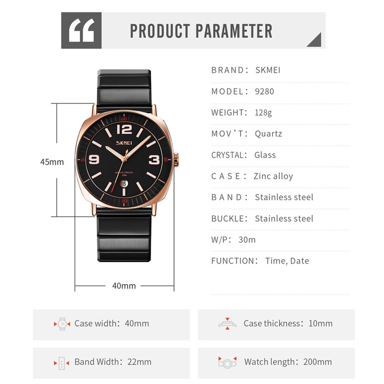 Đồng Hồ Quartz Chống Thấm Nước SKMEI 9280 Với Dây Đeo Thép Không Gỉ