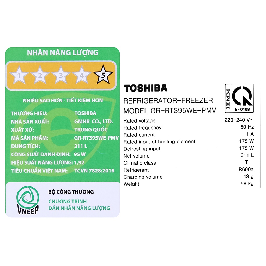 Tủ lạnh Toshiba ngăn đá trên Inverter 311 lít GR-RT395WE-PMV-MG - BH 2 năm