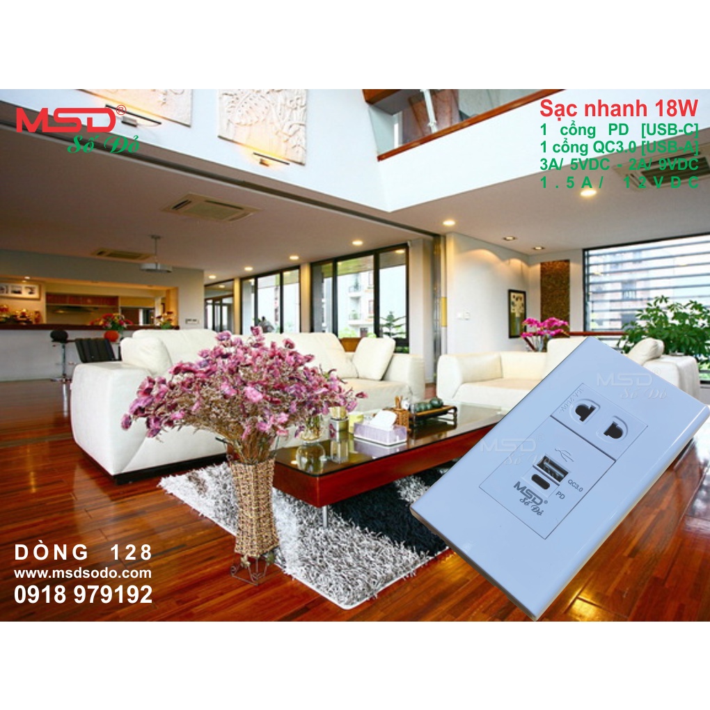 SẠC NHANH 18W ÂM TƯỜNG - PD 3A/5VDC - QC3.0 2.4A/5VDC - 1 Ổ CẮM 2P - MSD128
