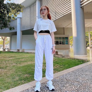 Quần jogger thêu chữ hiphop cá tính chất đũi