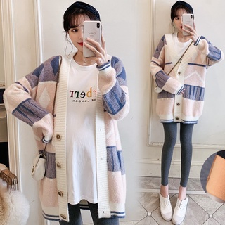 NSCAT-quần áo bà bầu lưới màu đỏ trung dài cộng với kích thước hợp thời trang mẹ rộng rãi áo nịt đan hàn quốc