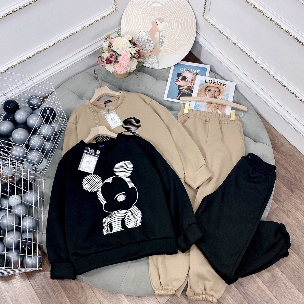 Sét Bộ Thun Gân Da Cá Tay Dài In Hình Chuột Mickey Thể Thao TTSA1472