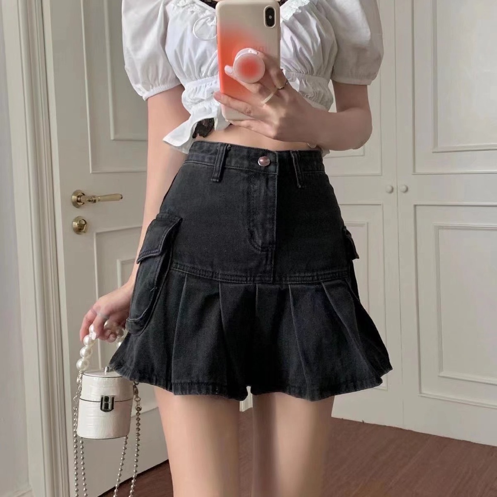 Chân váy jean SUXI dáng chữ A lưng cao xếp ly màu xám đen thời trang quyến rũ cho nữ