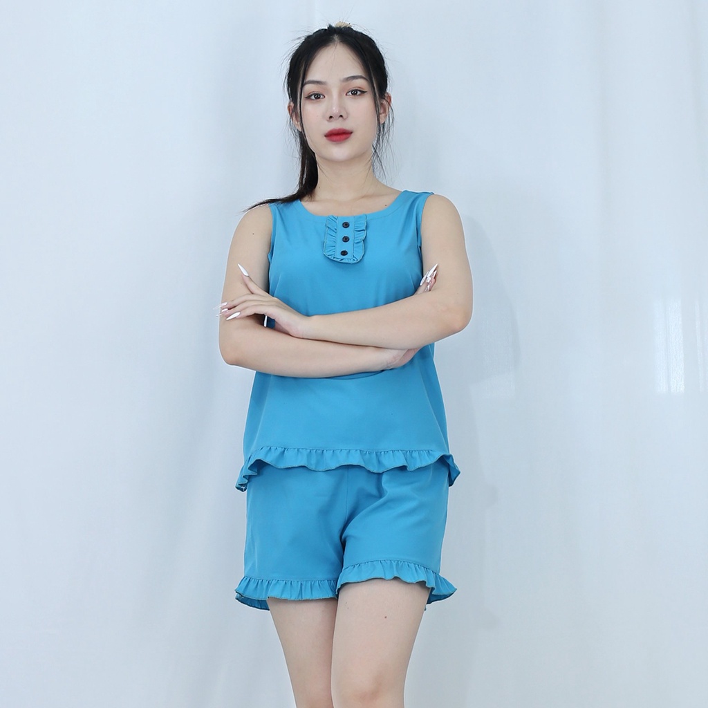 [HÌNH THẬT 100%]  Bộ đồ bộ ngắn  SÁT NÁCH BÈO XANH NÚT ĐEN  - vải lụa ao cấp  - Mềm mại nhẹ