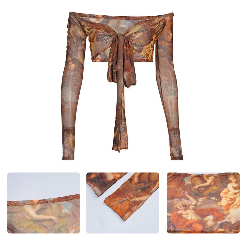 Áo Croptop Tay Dài Cổ Chữ V Thắt Nơ Trước Quyến Rũ Cho Nữ