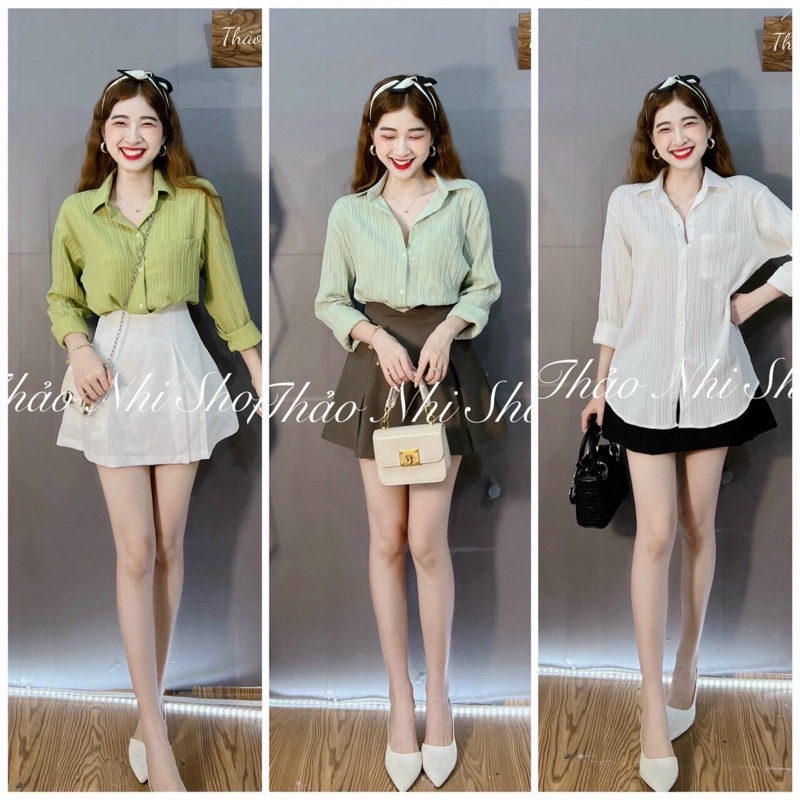 Áo sơ mi gân nổi form rộng dấu quần, Áo kiểu sơ mi cổ bẻ dài SM7742 - NhiNhi Shop