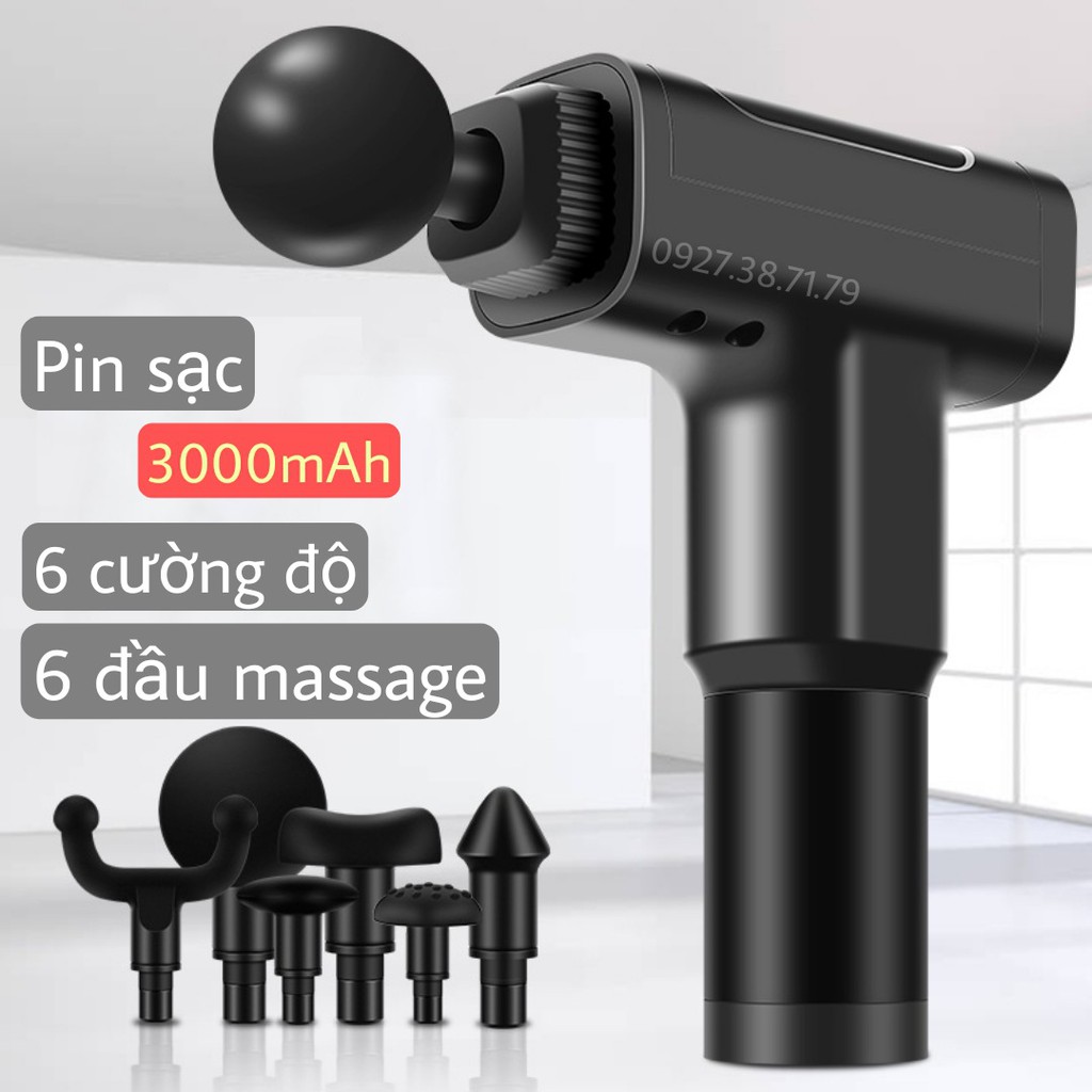 Massage Gun cổ vai gáy kèm 6 đầu mát xa chuyên sâu Máy massage cầm tay 6 đầu 6 cấp độ trị đau nhức toàn thân hiệu quả