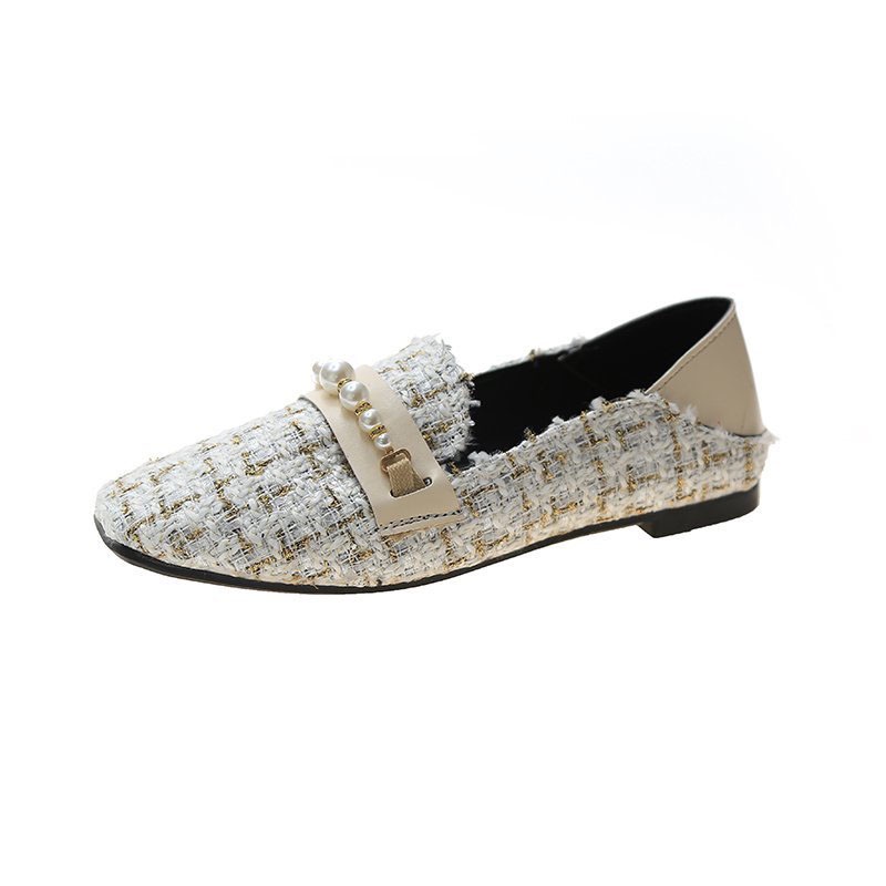 Ielgy Mùa Xuân Miệng Nông Bằng Da Lộn Mũi Vuông Đế Phẳng Đính Hạt Nhỏ Dễ Phối Đồ