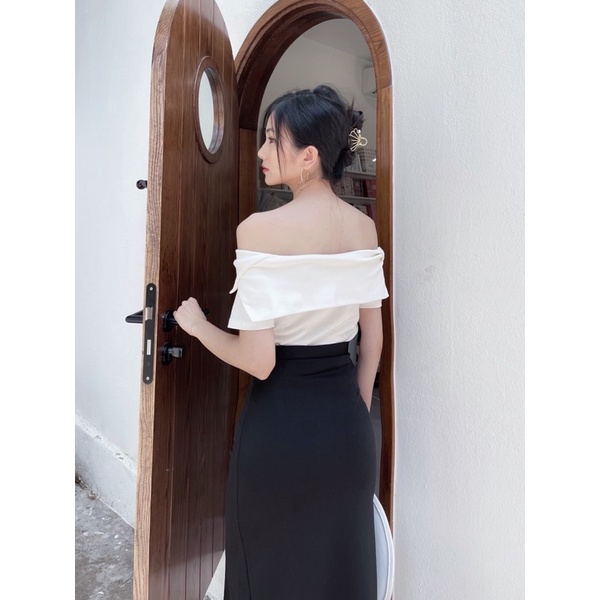 Sang chảnh outfit !!!!!!!!! Set váy thiết kế Simee áo trễ vai xẻ mix chân váy xẻ tà