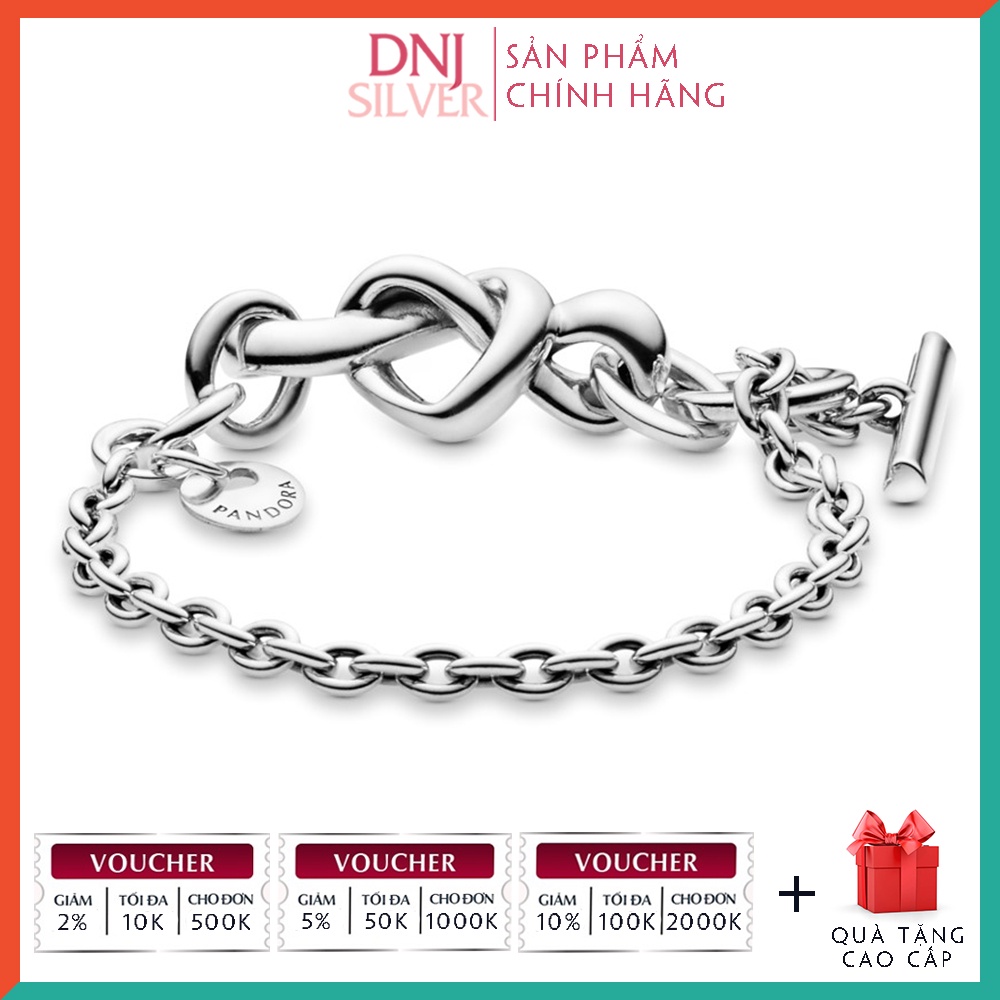 Vòng tay bạc 925 cao cấp - Mẫu vòng Knotted Heart T-Bar Bracelet, có thể mix thêm hạt charm vào vòng theo ý thích