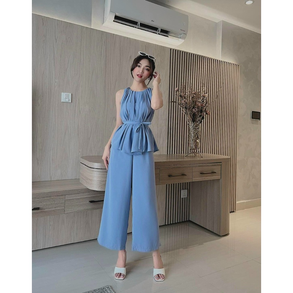 [Set bộ] Set áo và quần đi chơi phon cách cá tính với quần dài ống rộng kèm áo kiểu nữ cổ yếm có dây gút eo