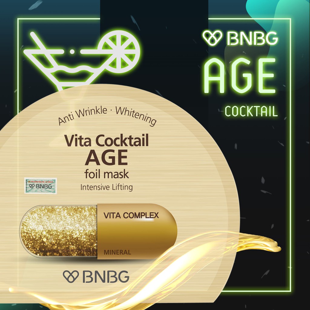 Mặt Nạ BNBG Thiếc Vàng [HỘP 10 MIẾNG] Vita Cocktail Age Foil Mask Intensive Lifting Nâng Cơ Chống Lão Hóa 30ml
