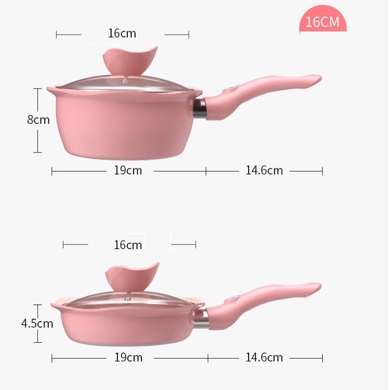 Bộ Nồi Chảo Cho Bé Ăn Dặm Size 16cm, Chảo Đá Chống Dính Kèm Xửng Hấp Và Thìa Chế Biến Đồ Ăn Dặm Cho Bé