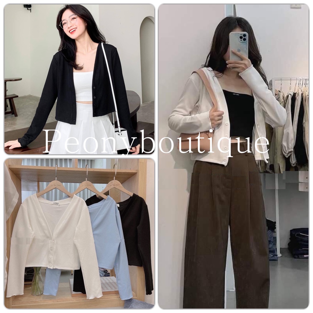 Áo Cardigan Cúc Trơn Ngắn PEONYB Nữ [FREESHIP]  Khoác thun mỏng croptop màu TRẮNG | ĐEN | XANH cá tính Ulzzang