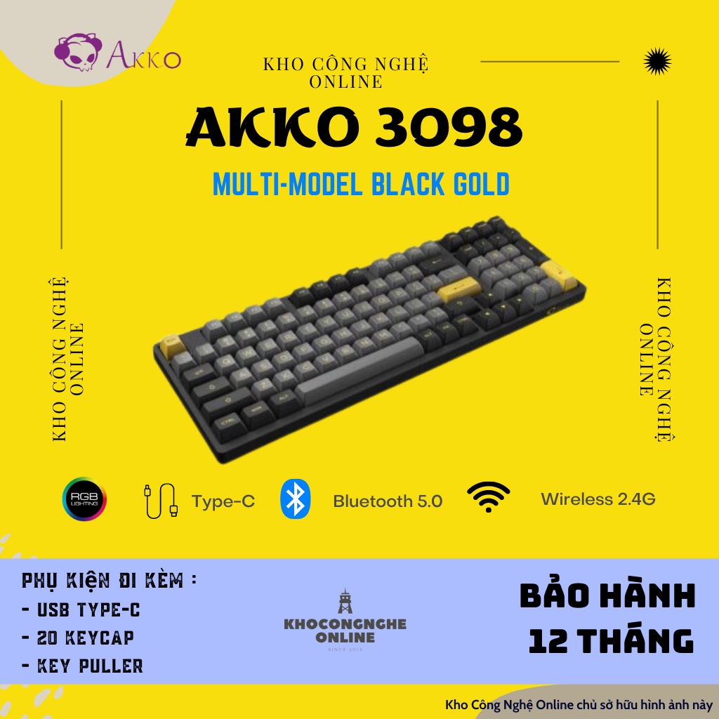 Bàn phím cơ AKKO 3098N Multi-modes Black Gold (Bluetooth / Wireless 2.4G/ Hotswap / Foam tiêu âm / Foam đáy / TTC Switch