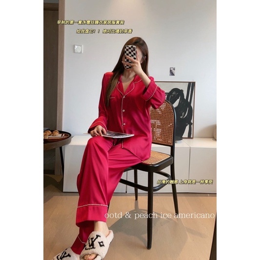 Bộ Pijama lụa Thiết Kế Mẫu Trơn Áo Dài Quần Dài Siêu Sang Mặc Nhà Thoải Mái