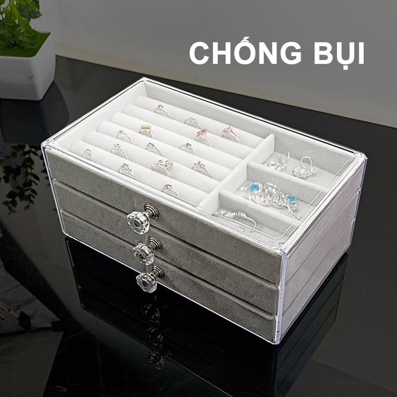 Khay nhung 3 tầng đựng trang sức đồng hồ khung-Hộp đựng trang sức chống bụi ba lớp trong suốt-URBSS3C-YK