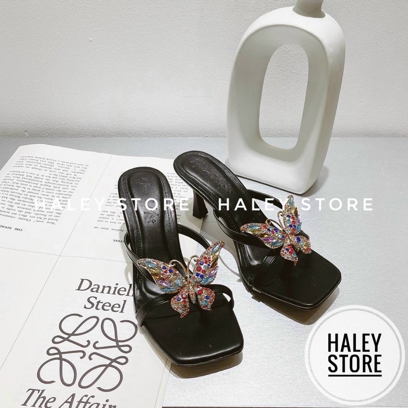 Giày Guốc nữ HALEY STORE 7cm kẹp xỏ ngón đính charm b/ướm đính đá xoàn pha lê lấp lánh đi chơi tiệc cưới rẻ bền đẹp