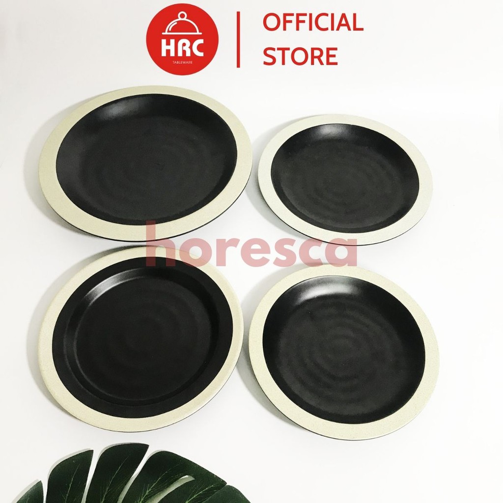 Bộ Tô Đĩa Tròn Bộ Đồ Bàn Ăn Nhựa Phíp Melamine Đen Nhám Mờ Viền Trắng Giả Sứ (Cao Cấp)