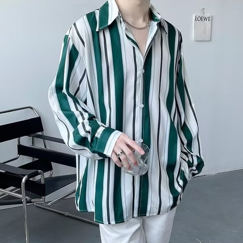 Áo Sơ Mi Tay Dài Dáng Rộng Họa Tiết Kẻ Sọc Thời Trang Mùa Hè Phong Cách Hàn Quốc Cho Nam Size M-2XL