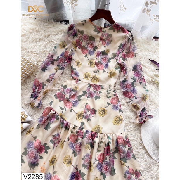 V2285 Váy voan hoa dài tay đuôi cá - Dolce viva colection