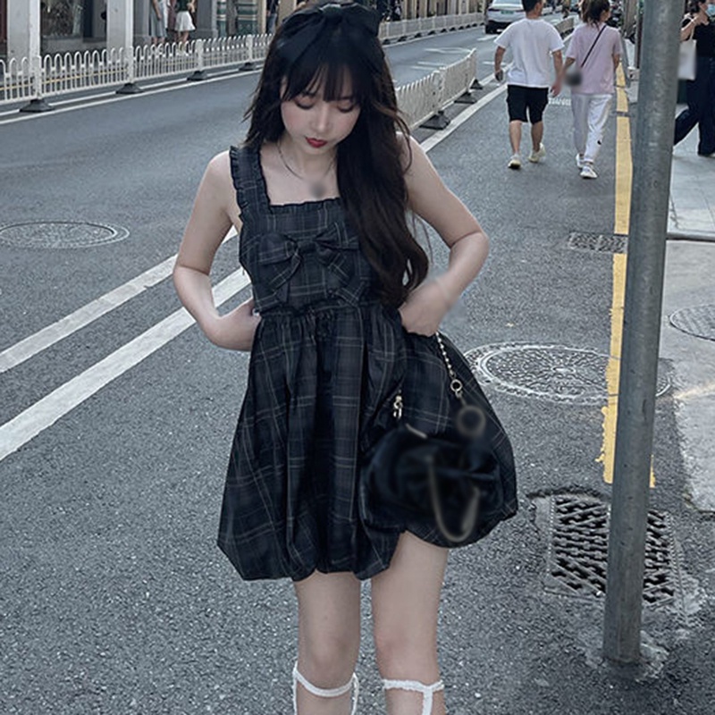 Đầm Mini Không Tay Phối Nơ Họa Tiết Sọc Caro Phong Cách Hàn Quốc Thời Trang Mùa Hè