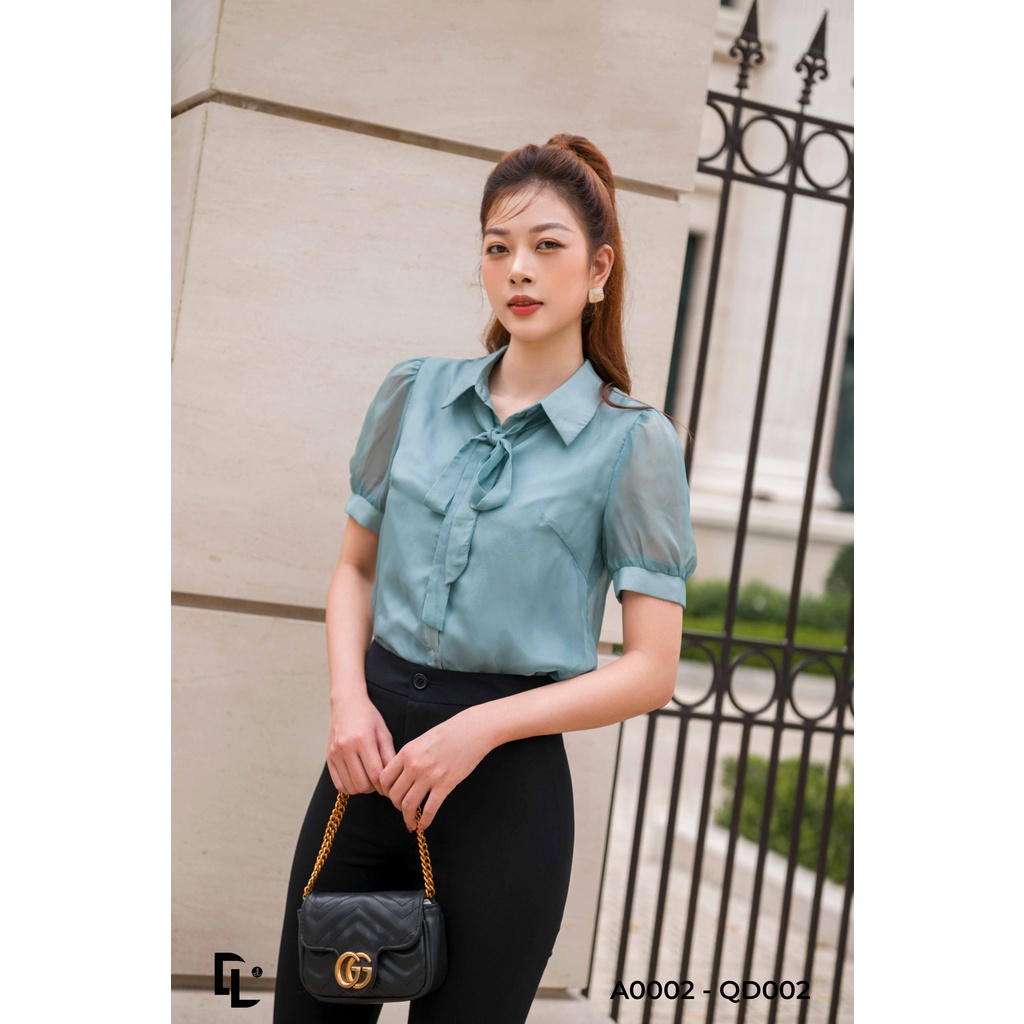 Áo sơ mi nữ cộc tay phối cổ nơ màu xanh chất lụa tơ hàn cao cấp LENDO A0002