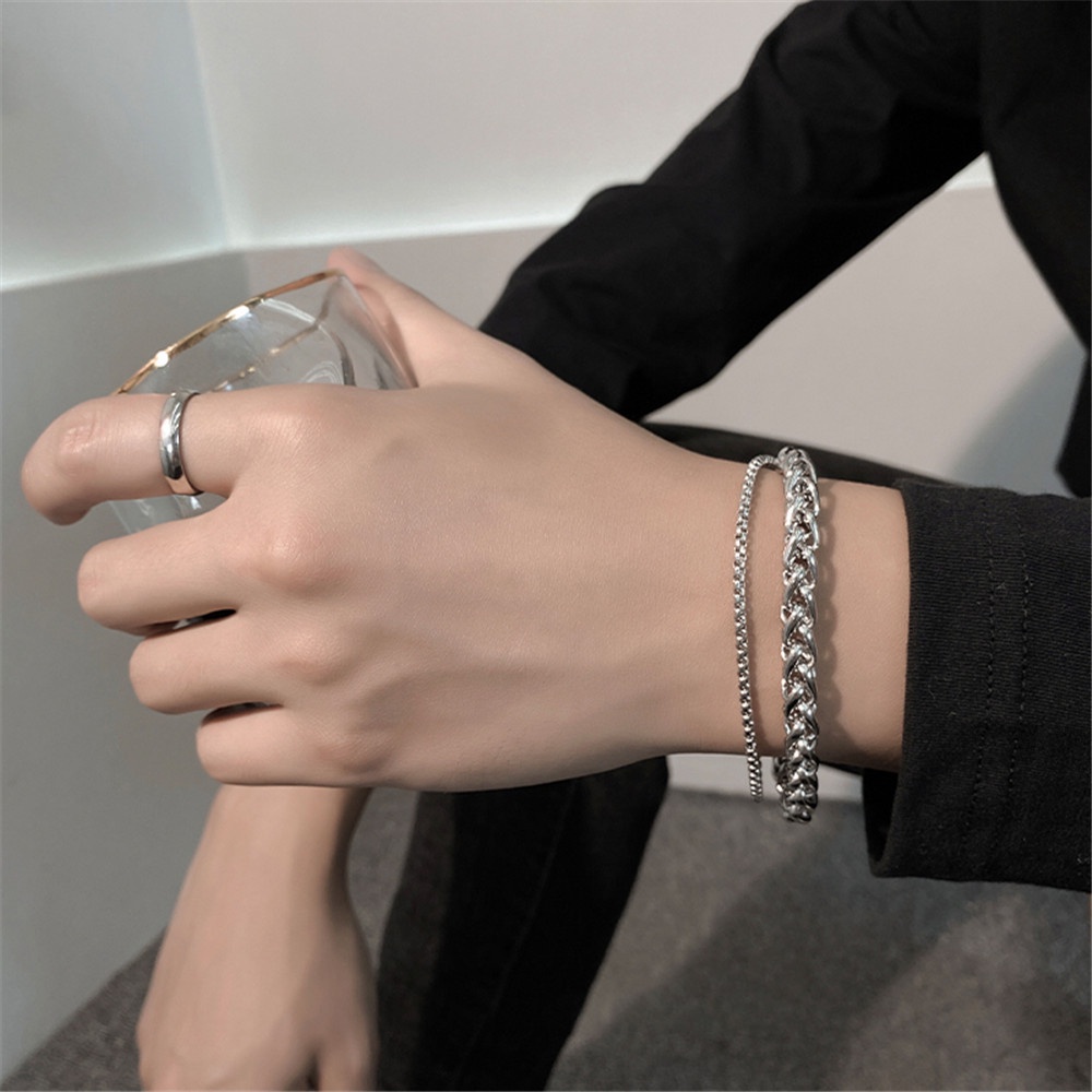 Vòng Tay Hai Lớp Dạng Chuỗi Xích Bằng Thép Không Gỉ Dày Màu Bạc Thời Trang Phong Cách Hip Hop Cho Nam