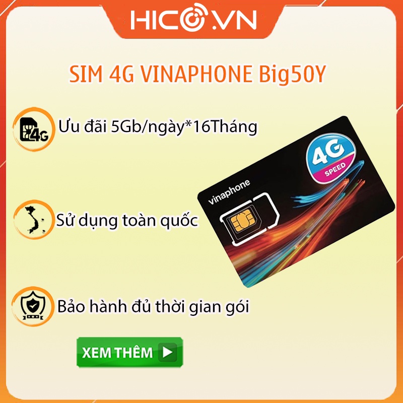 Sim 4G Vinaphone BIG50Y Có 5GB/Ngày  Tốc Độ Cao - Miễn Phí 16 Tháng - Free Tỷ Gb Tiktok, Youtube, Zalo, My TV