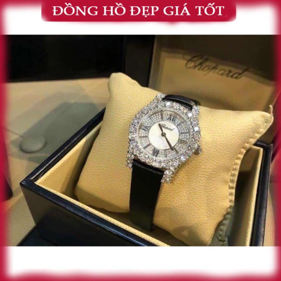 Đồng hồ Nữ Chopard đá cao cấp loại đẹp chạy pin máy nhật 32mm dây lụa màu đen. WACH