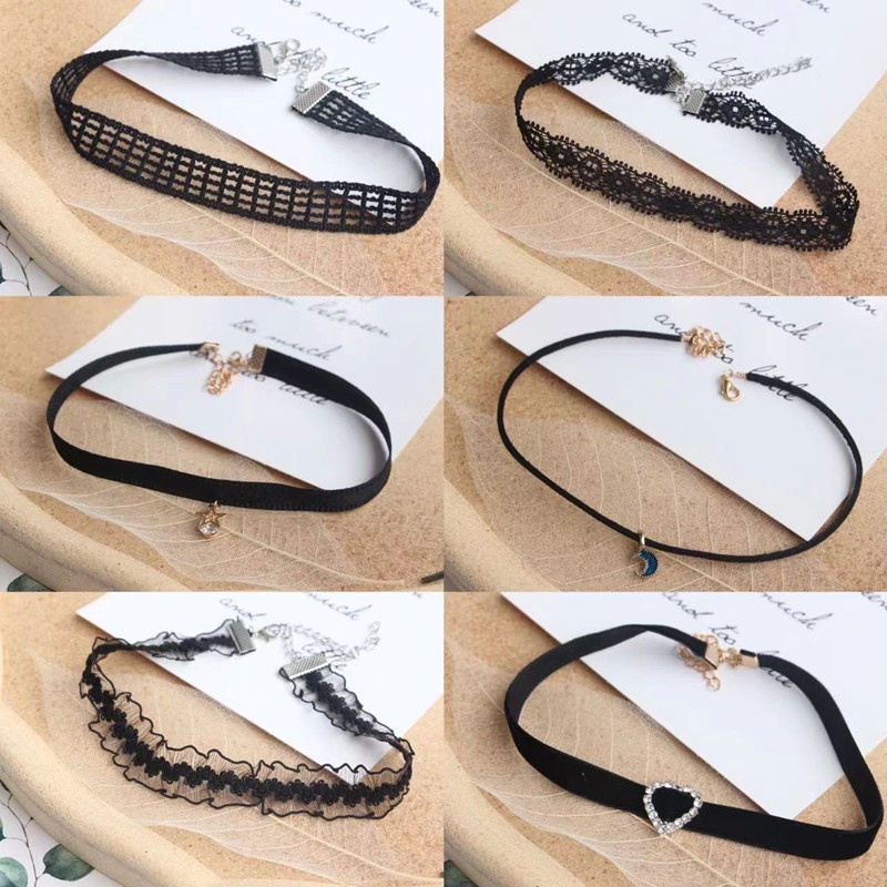 Vòng Cổ Choker Ren Màu Đen Mặt Trái Tim Ngôi Sao Đính Đá Phong Cách Hàn Quốc