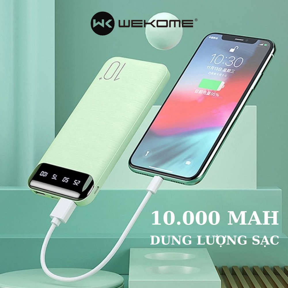 Sạc dự phòng 10000mah WEKOME WP161,  pin tích điện thiết kế nhỏ gọn cầm tay đèn lead hiển thị phần trăm pin kèm cáp sạc